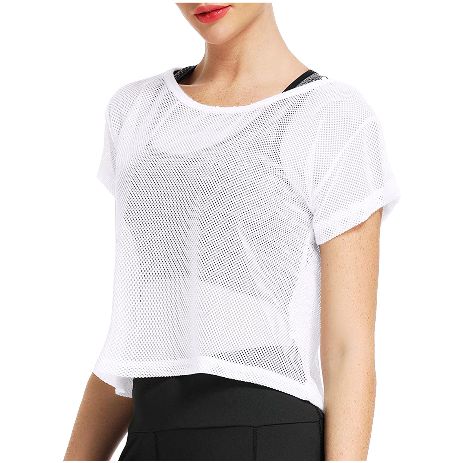 thumbnail image 5 of Top corto de malla transparente para mujer - Camiseta de manga corta de rejilla, poliéster, informal/fiesta, S-XL, múltiples ocasiones, 5 of 8